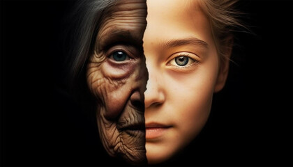 Fototapeta premium Two generations. A grandmother and granddaughter. The faces of a young and elderly women. The aging process. Half young child, half senior woman portrait
