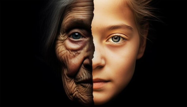 Two Generations. A Grandmother And Granddaughter. The Faces Of A Young And Elderly Women. The Aging Process. Half Young Child, Half Senior Woman Portrait