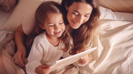 Mamá leyendo un cuento a su hija fomentando la lectura y desarrollando la imaginación. - obrazy, fototapety, plakaty