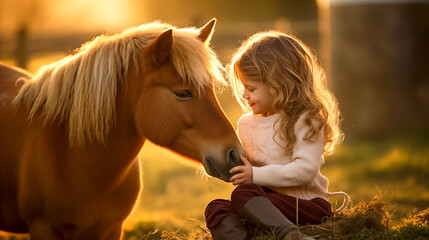 Niña de 4 años disfrutando con su pony - obrazy, fototapety, plakaty