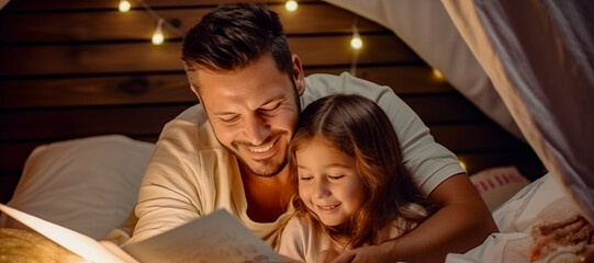 Papá leyendo un cuento a su hija fomentando la lectura y desarrollando la imaginación