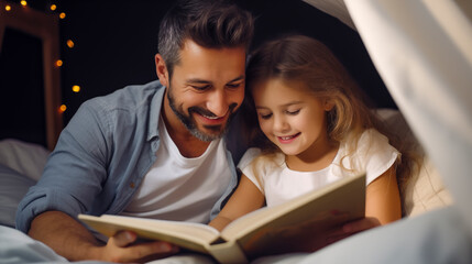 Papá leyendo un cuento a su hija fomentando la lectura y desarrollando la imaginación - obrazy, fototapety, plakaty