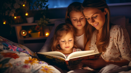 Mamá leyendo un cuento a su hija fomentando la lectura y desarrollando la imaginación. - obrazy, fototapety, plakaty