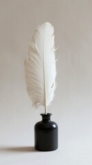 a minimalist composition featuring an elegant, elongated feather quill stands upright, its tip delicately dipped in an inkwell, suggesting the simplicity of classical writing