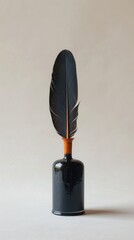 a minimalist composition featuring an elegant, elongated feather quill stands upright, its tip delicately dipped in an inkwell, suggesting the simplicity of classical writing