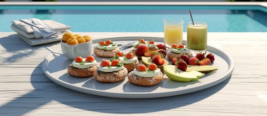 Breakfast on a tray with fruit, buns, avocado sandwiches, smoothie bowl by the pool. Summer healthy diet, vegan breakfast.