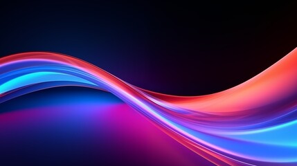 Glowing neon waves abstract background. Bright smooth luminous lines on a dark background. Decorative horizontal banner. Digital raster bitmap illustration. Purple, pink and blue colors. AI artwork.
