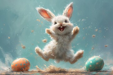 Bunny Boogie: Easter Eggs and Freshly Powdered Bunnies Generative AI - obrazy, fototapety, plakaty