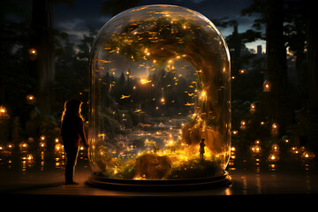 Beautiful fairy tale scene inside a glass dome in the forest at night