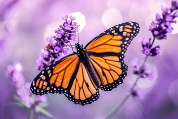 Fototapeta na wymiar A majestic monarch butterfly delicately rests on a vibrant purple flower, embodying the beauty and importance of pollinators in our outdoor world