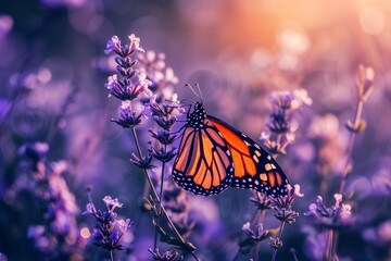 A delicate monarch butterfly delicately pollinates a vibrant purple flower, while a brushfooted viceroy butterfly rests nearby in the serene outdoor setting of a lavender field