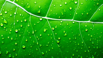 Fototapeta na wymiar Green leaf texture as background with water drops. Environmental care and sustainability concept.