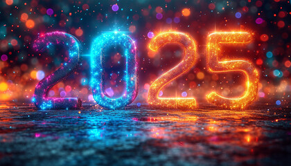 Happy New 2025 Year. Holiday illustration of various colored golden metallic numbers 2025. Realistic 3d sign. Festive poster or banner design