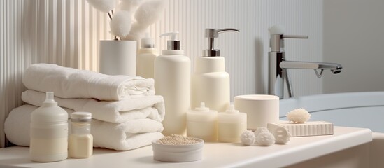 Fototapeta na wymiar Baby soap, talcum powder, cream, rubber duck and other bathroom accessories