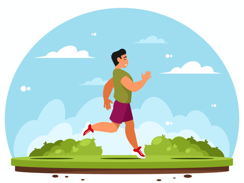 Running man. Male athlete is jogging. Cardio workout. Green field with bushes. Rural landscape. Vector graphics