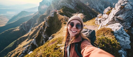 Young hiker woman taking selfie portrait on the top of beautiful mountain - Happy guy smiling at camera - obrazy, fototapety, plakaty