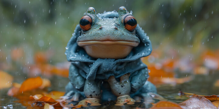 Süßer Frosch mit Regenschirm und Regenkleidung im Regen schaut traurig als Cartoons, ai generativ