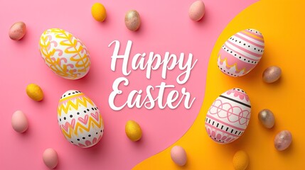 Fototapeta premium Pastel easter eggs background with the word 