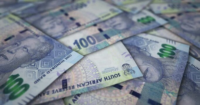 South Africa Rand banknote surface. Flying over South African 100 ZAR money note. 3D abstract concept of business, inflation, economy, finance, crisis and banking. Seamless and looped.