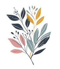 Elegant Botanical Illustration with Pastel Colored Leaves and Branches Arrangement.
