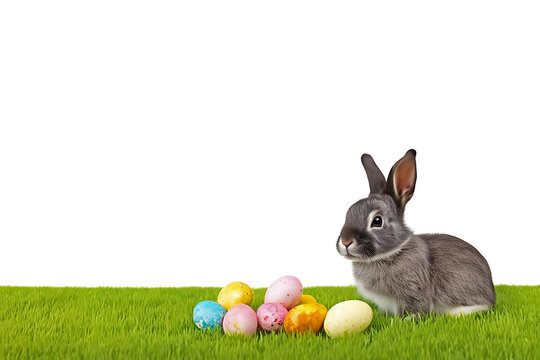 cute easter bunny sitting with colored easter eggs on green grass, white background with empty copy space for text, cards, banners.