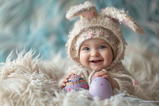 Bunny Smile - A cute and playful image of a baby wearing a bunny hat and smiling, perfect for Easter celebrations or any other springtime event. Generative AI