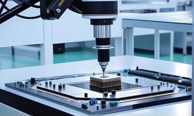 High precision robot arm inside a Semiconductor Factory. Computer Chip Manufacturing in Fab. Electronic component manufacturing industry