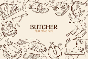 Hand drawn cartoon butchery background with different types of meat