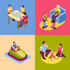 Isometric cartoon family scene composition set