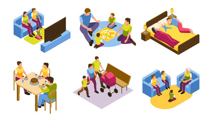 Fototapeta premium Isometric cartoon family scene mini composition set