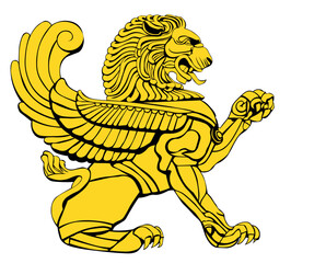 Persian lion with wings. Vector image black and gold on white background