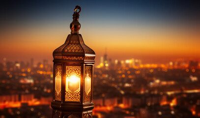 lit lantern during sunset over the town created with Generative AI technology