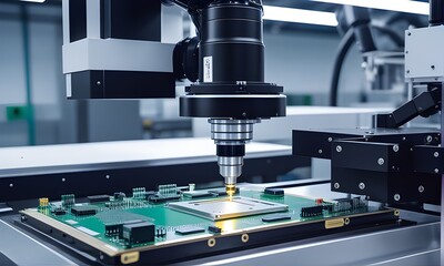 High precision robot arm inside a Semiconductor Factory. Computer Chip Manufacturing in Fab. Electronic component manufacturing industry