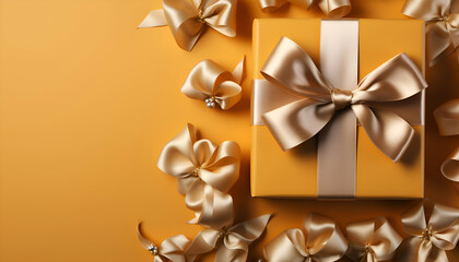 Gift boxes with golden bows on orange background. 3D rendering