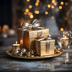 Fototapeta na wymiar Christmas table setting with gold gift boxes