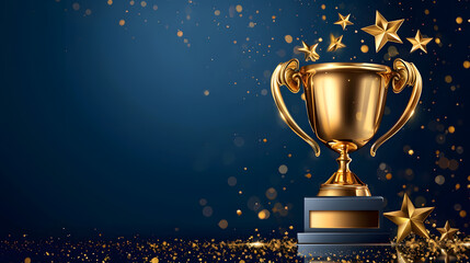 Golden trophy cup with stars isolated on dark blue background with copy space for text