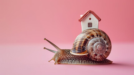 The snail with a house on a shell on its back on pink background. Easy housing metaphor. Real estate business concept. - obrazy, fototapety, plakaty