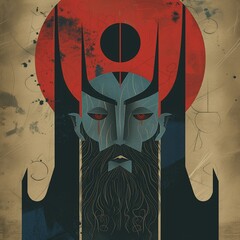 Warrior's Gaze: Stylized Portrait of a Mythical Warrior with Intense Red Eyes and a Majestic Beard, Ideal for Historical and Fantasy Themes