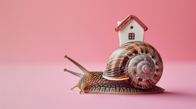 The snail with a house on a shell on its back on pink background. Easy housing metaphor. Real estate business concept.