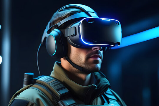 Military man in VR glasses.