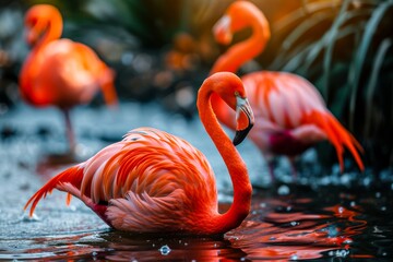 A flock of majestic greater flamingos gracefully wade in the vibrant waters, showcasing their stunning red plumage and the beauty of nature - obrazy, fototapety, plakaty