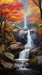 Fototapeta na wymiar A picturesque waterfall surrounded by autumn foliage, with raindrops creating a shimmering effect on the colorful leaves.