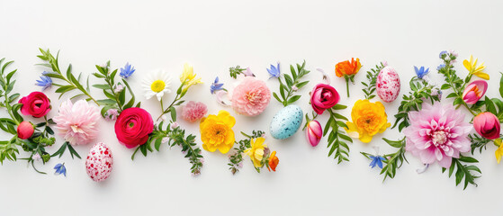 A creative arrangement of Easter eggs and a vibrant line of spring flowers on a white background....