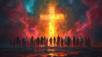 Crossroads: A Vibrant Painting of a Cross in the Middle of a Crowd Generative AI