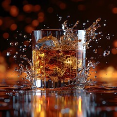 Dynamic splash of whiskey in a glass, vibrant liquid motion captured. energetic alcohol beverage spill. AI