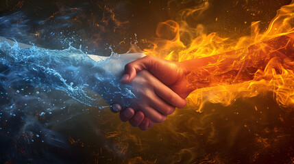 Happy friendship day creative poster, friendship concept with fire and water relation, handshake، Generative Ai