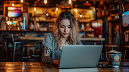 A young woman, clad in trendy clothing, sits at a rustic wooden table in a bustling coffee shop, her focused gaze fixed on the glowing screen of her laptop as she works on her latest project