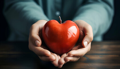 Close up of woman hands holding red heart shape candle on dark background