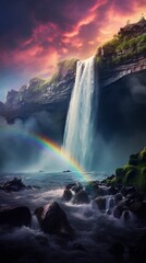 A powerful waterfall surrounded by mist, with raindrops glistening on nearby rocks and a vibrant rainbow forming in the spray.