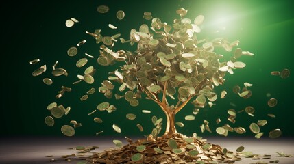 A tree with a pile of money growing out of it. Business investment, passive income, income tree, growth income, saving money